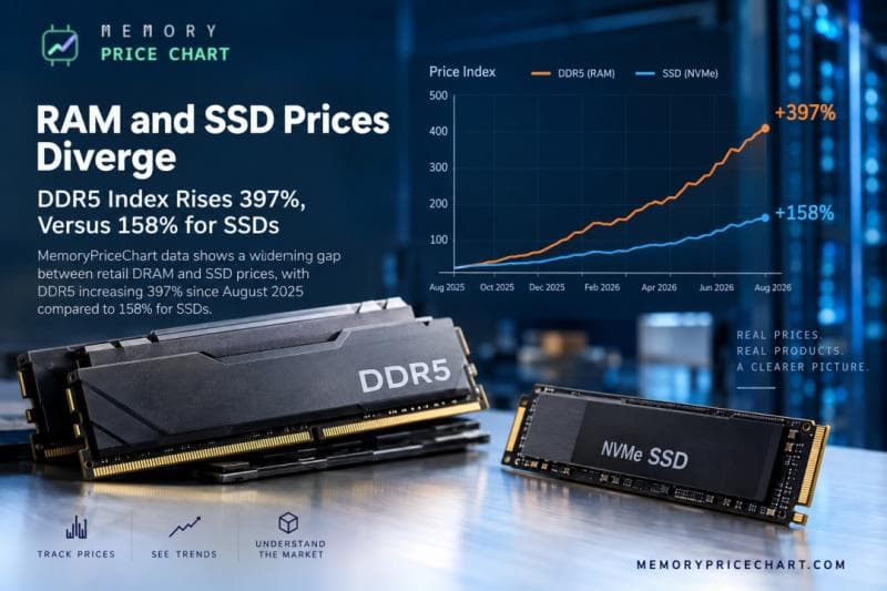 RAM and SSD Prices Diverge as DDR5 Index Rises 397% Versus 158% for SSDs